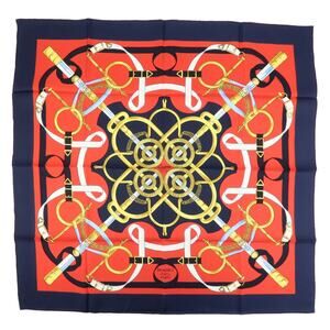 Hermes Carre 90 Eperon d'or Silk Scarf Navy Red Go